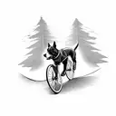 A dynamic composition of a dog chasing a bike through a forest trail tattoo design idea
