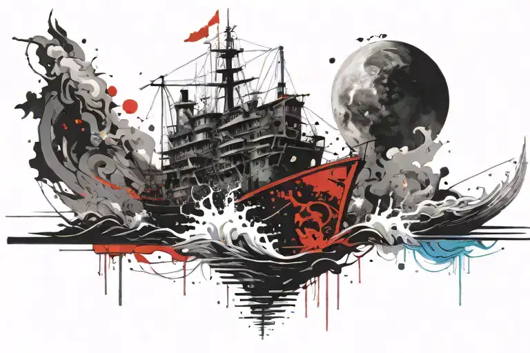 neptune with a dawn eye and a ghost ship sailing tattoo design idea
