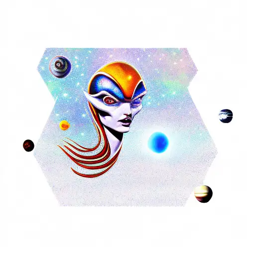 a sexy lady alien, an spaceship and planets outside the universe tattoo design idea