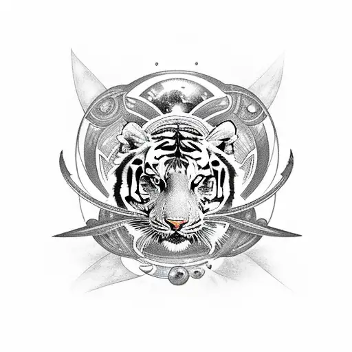 neo trad tattoo design with a lady a tiger an alien an spaceship and planets outside the universe tattoo design idea