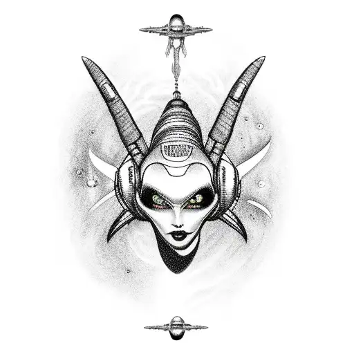 a sexy lady alien, an spaceship and planets outside the universe tattoo design idea