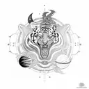 neo trad tattoo design with a lady a tiger an alien an spaceship and planets outside the universe tattoo design idea