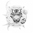 neo trad tattoo design with a lady a tiger an alien an spaceship and planets outside the universe tattoo design idea