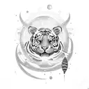 neo trad tattoo design with a lady a tiger an alien an spaceship and planets outside the universe tattoo design idea