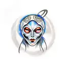 European face morphing into an alien with planets in the background tattoo design idea