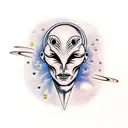 European face morphing into an alien with planets in the background tattoo design idea