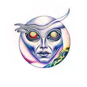 European face morphing into an alien with planets in the background tattoo design idea
