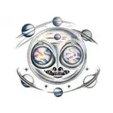 European face morphing into an alien with planets in the background tattoo design idea