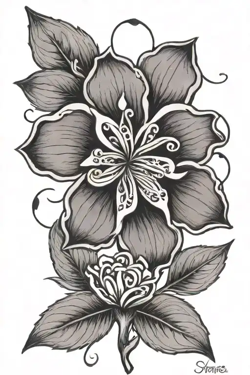 simple violet flower tattoo with "adoption symbol" intertwined within the lower stem of the flower and "adoption symbol" tattoo design idea