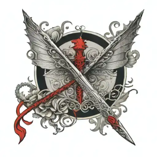 Sword with red dragon tatoo with butterfly background fine line tattoo tattoo design idea