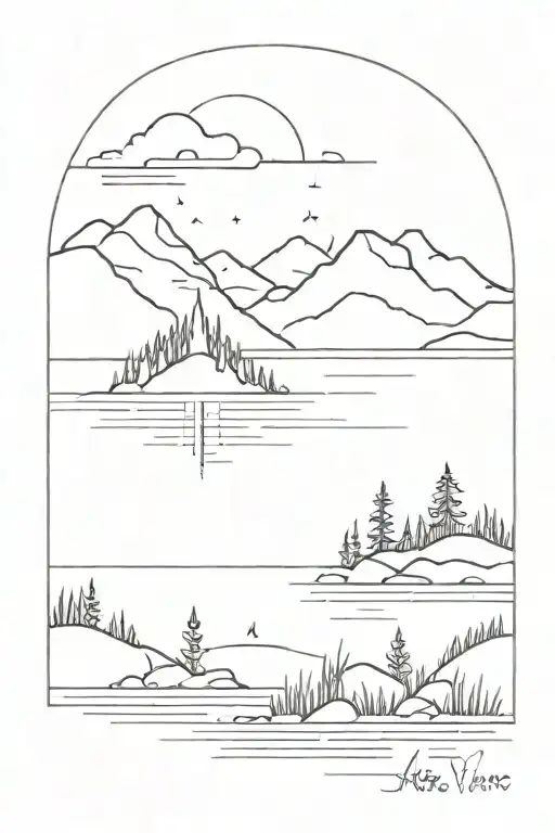 a lake view from shore tattoo design idea