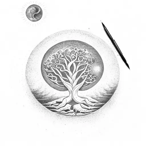 tree of life with sun and moon above the tree tattoo design idea