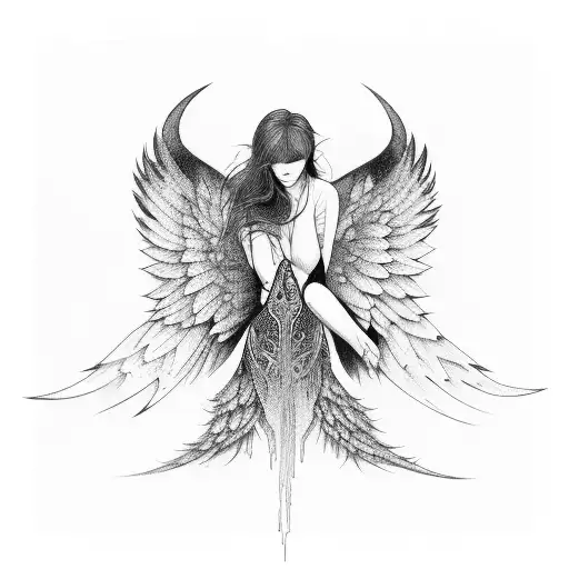 fallen angel into black line tattoo design idea