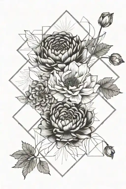 poppy , rose, chrysanthemum flowers tattoo design idea