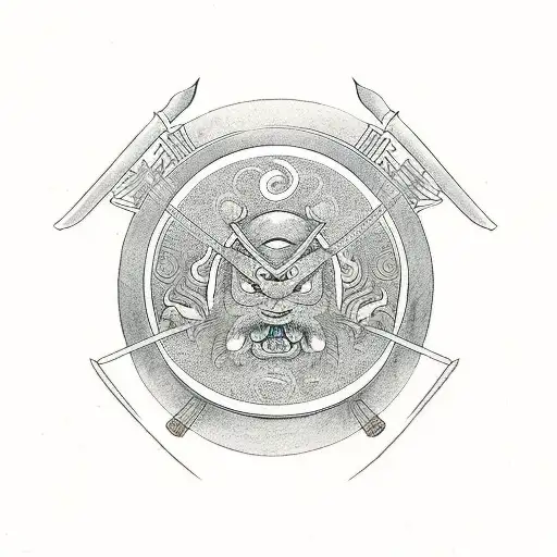samurai segurando uma katana com uma gueixa segurando simbolo yin-yang  tattoo design idea