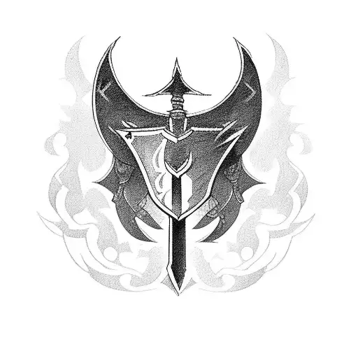 Left shoulder tattoo with Leona's sword amd shield and Diana's sword from league of legends black and white tattoo design idea