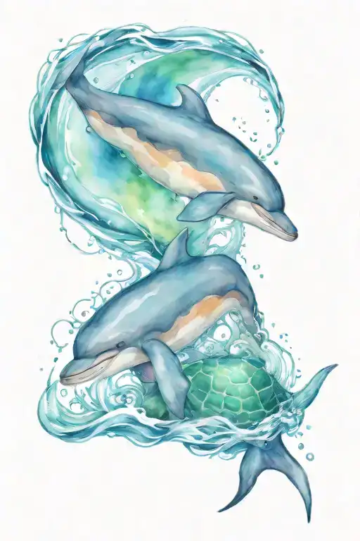 dolphin and turtle and waves crashing tattoo design idea