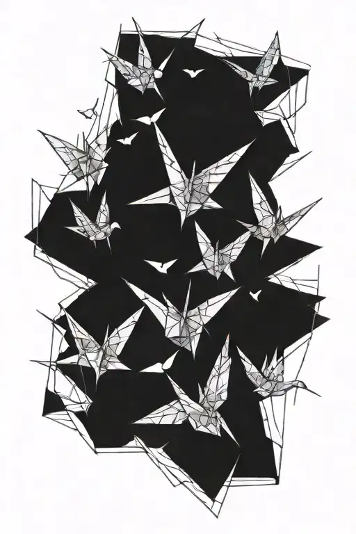 Paper cranes made of flower-print paper flying together tattoo design idea