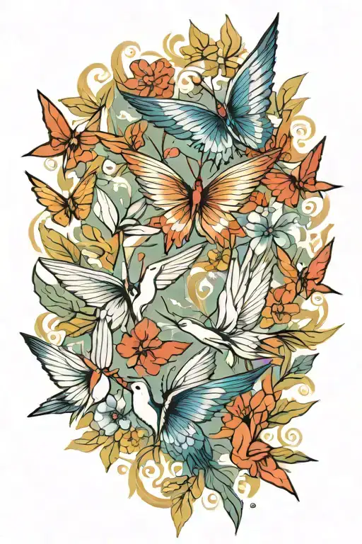 10 Paper cranes made of flower-print paper flying together tattoo design idea