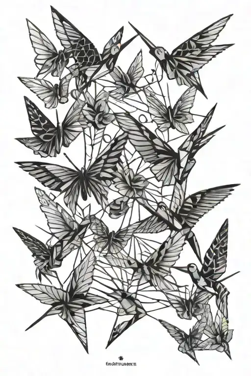 10 Paper cranes made of flower-print paper flying together tattoo design idea