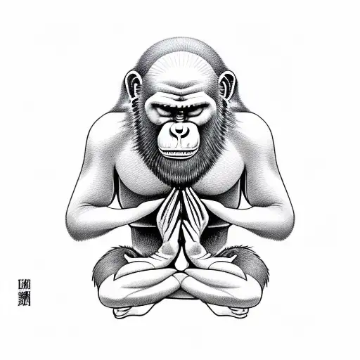 ape meditating, seated, hands folded on lap, content smile, eyes close tattoo design idea