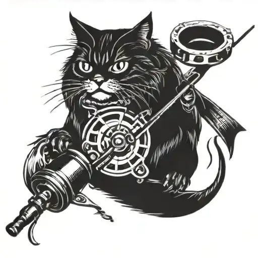 A detailed blackwork tattoo of a fishing rod and reel intertwined with a goon sack and a mewing cat tattoo design idea