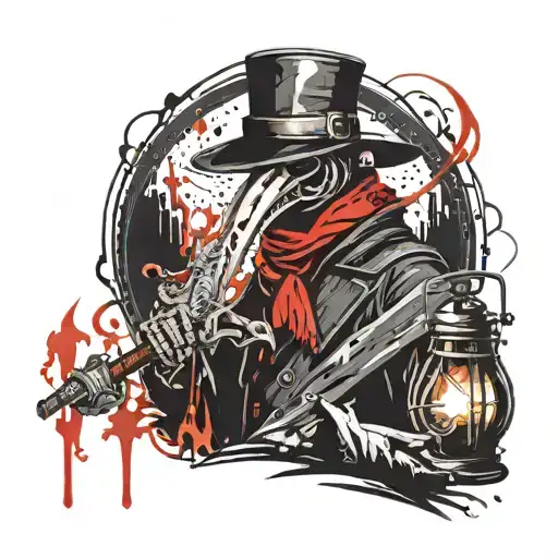 plague doctor with scyth and lantern dawn flame tattoo design idea