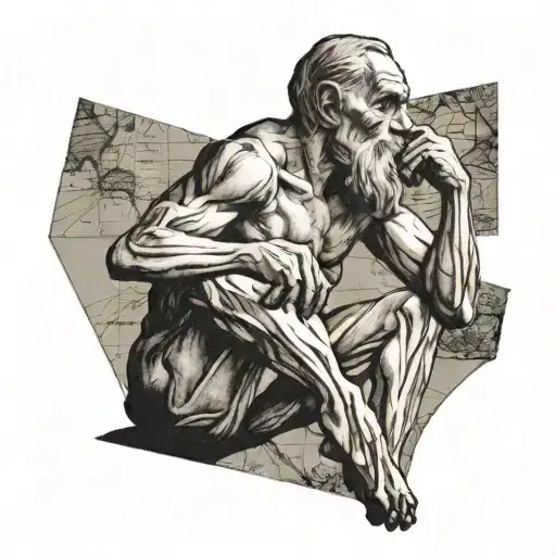 Rodin the thinker statue over an old fashioned map with a pocket watch  tattoo design idea
