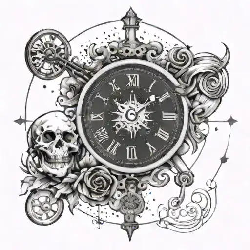 A graphic design-inspired tattoo featuring a starry sky background with a clock face and skeleton key intertwined, reflecting the client's interests in graphic design and favorite things tattoo design idea