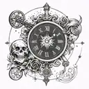 A graphic design-inspired tattoo featuring a starry sky background with a clock face and skeleton key intertwined, reflecting the client's interests in graphic design and favorite things tattoo design idea