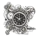 A graphic design-inspired tattoo featuring a starry sky background with a clock face and skeleton key intertwined, reflecting the client's interests in graphic design and favorite things tattoo design idea