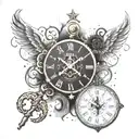 A graphic design-inspired tattoo featuring a starry sky background with a clock face and skeleton key intertwined, reflecting the client's interests in graphic design and favorite things tattoo design idea