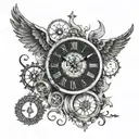 A graphic design-inspired tattoo featuring a starry sky background with a clock face and skeleton key intertwined, reflecting the client's interests in graphic design and favorite things tattoo design idea