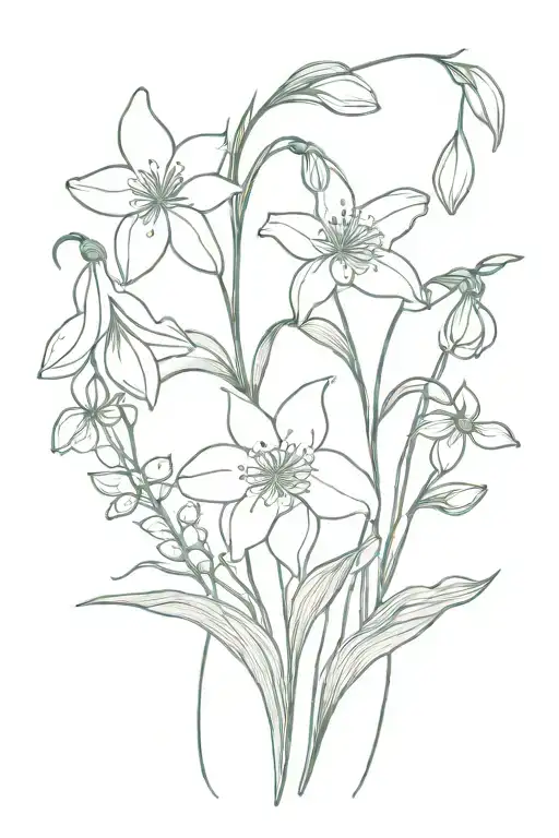 snowdrop, lilly of the valley, larkspur, cosmos flowers intertwined tattoo design idea