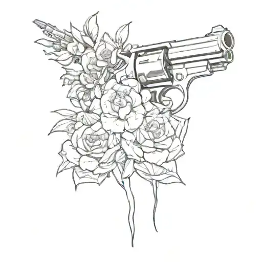 a man points a gun to his head but only flowers come out instead of bullets tattoo design idea