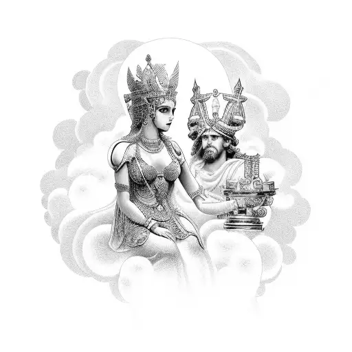 Hera Queen Of olympus sitting with Zeus on a throne in the clouds tattoo design idea