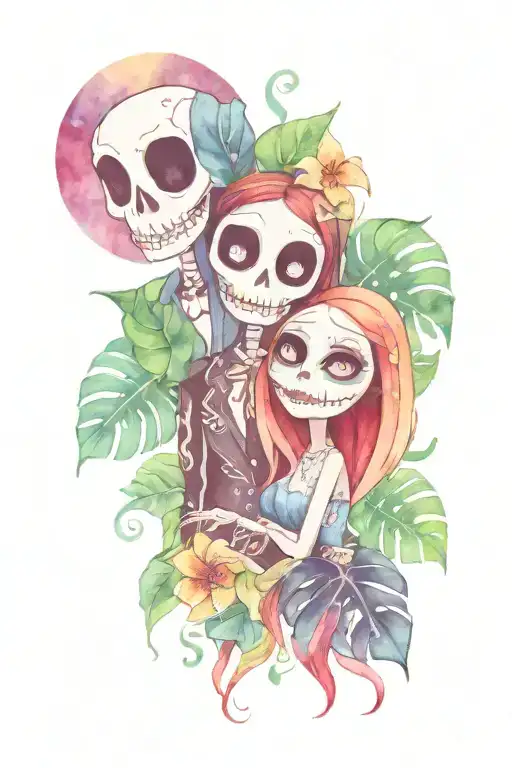 jack and sally monstera plants tattoo design idea