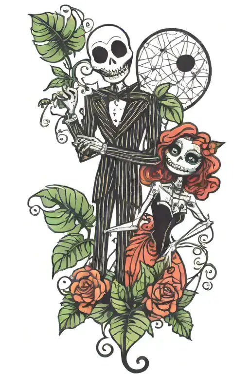 jack and sally skellington and monstera plant tattoo design idea