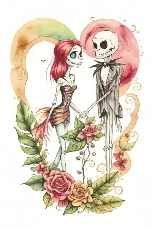 jack and sally skellington and monstera plant and bleeding heart plant tattoo design idea