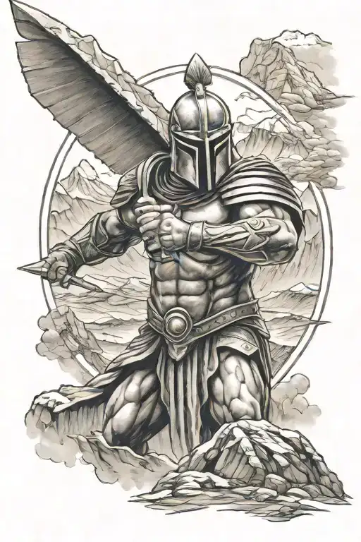 battle hardened spartan warrior wielding a sword surrounded by mountains tattoo design idea