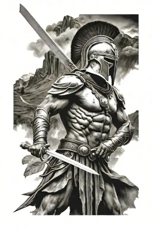 spartan warrior wielding a sword surrounded by mountains tattoo design idea