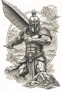 battle hardened spartan warrior wielding a sword surrounded by mountains tattoo design idea