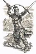 battle hardened spartan warrior wielding a sword surrounded by mountains tattoo design idea