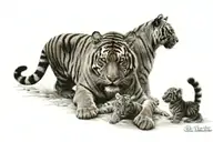 a mama tiger with thre baby tigers tattoo design idea
