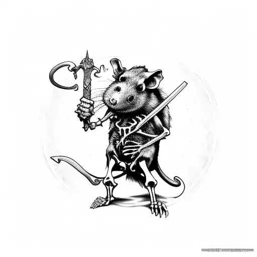 Necromancer wizard rat holding a staff raising skeleton rat from the dead tattoo design idea