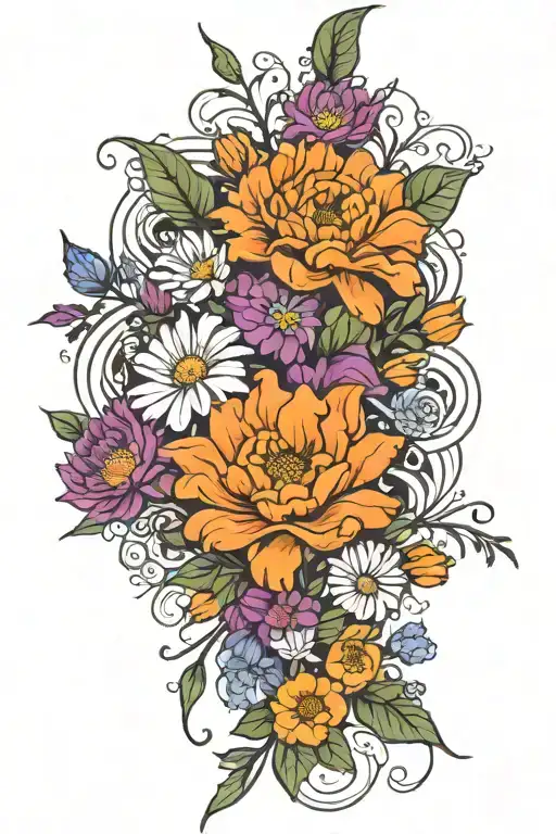 marigold, morning glory, aster, cosmos flower intertwined  tattoo design idea