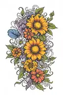 marigold, morning glory, aster, cosmos flower intertwined  tattoo design idea