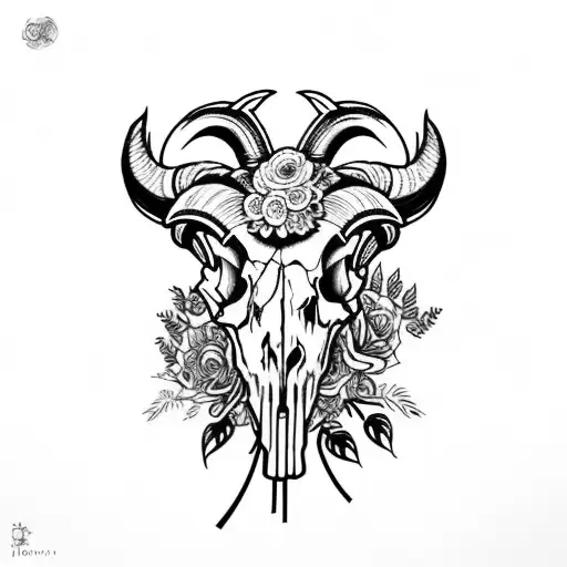 rams skull surrounded by flowers tattoo design idea