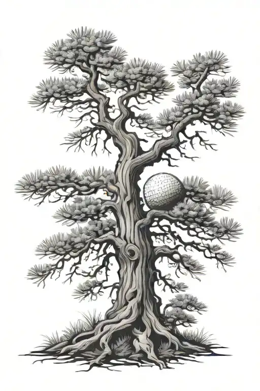 ponderosa pine tree with golf ball in its roots reaching deep tattoo design idea