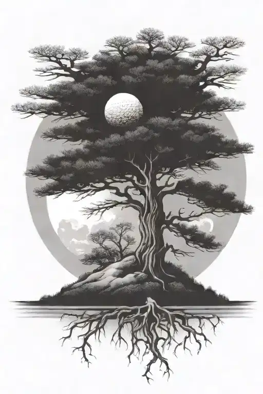 evergreen tree with golf ball as roots reaching deep tattoo design idea